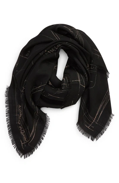 Shop Alexander Mcqueen Skull Pattern Piece Wool Scarf In Black/ Ivory