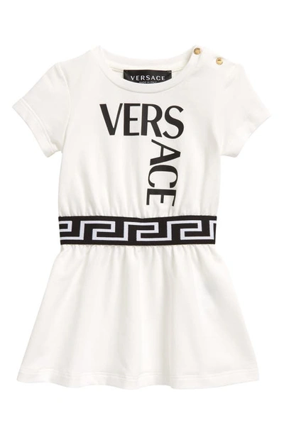 Shop Versace Greca Logo Stretch Cotton Dress In White Black