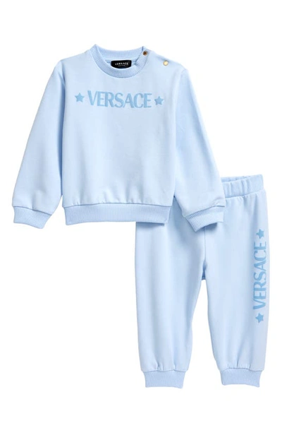 Shop Versace Logo Stretch Cotton Sweatshirt & Joggers Set In Baby Blue White