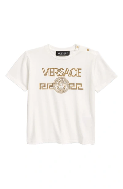 Shop Versace Medusa Greca Logo Stretch Cotton Graphic Tee In White Gold