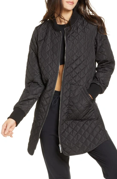 Shop Zella Longline Water Resistant Quilted Bomber Jacket In Black