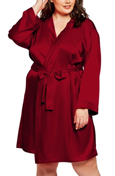 Shop Icollection Long Sleeve Satin Robe In Burgundy