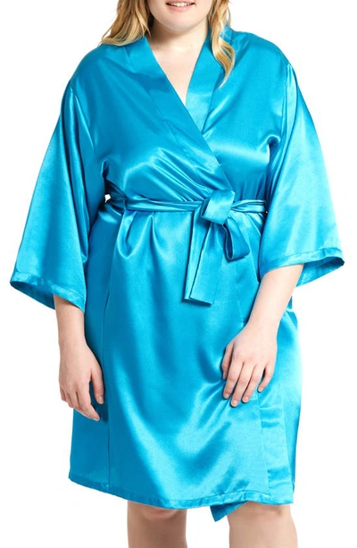 Shop Icollection Long Sleeve Satin Robe In Teal