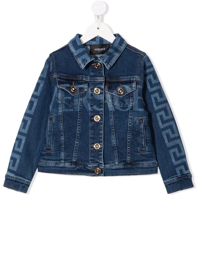 Shop Versace Greco-print Buttoned Denim Jacket In Blue
