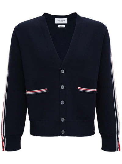 Shop Thom Browne Blue Wool Cardigan With Rwb Stripe Details