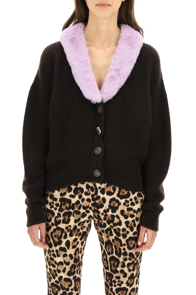 Shop Blumarine Cardigan With Eco-fur In Brown