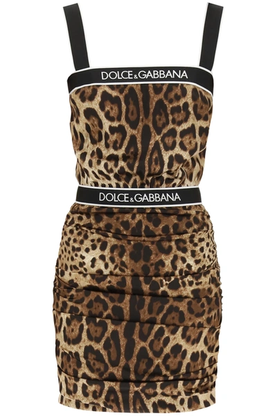 Shop Dolce & Gabbana Leopard Print Satin Mini Dress In Black,white,brown
