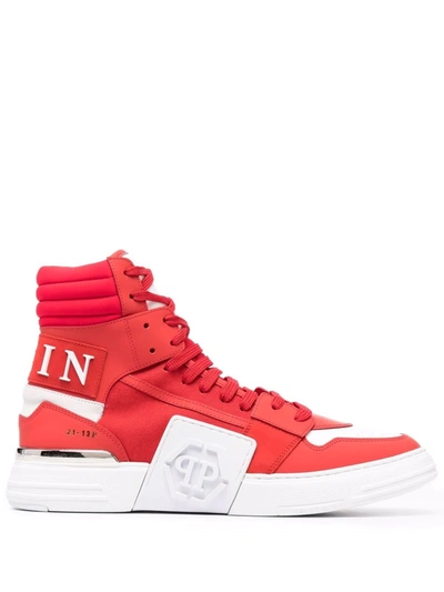 Shop Philipp Plein Colour-block High-top Leather Sneakers In Red