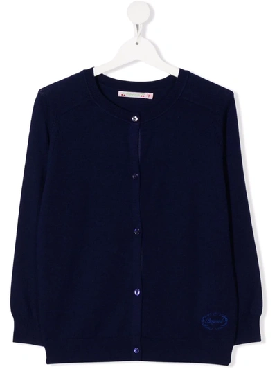 Shop Bonpoint Embroidered-logo Knit Cardigan In Blue