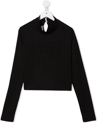 Shop Fendi Teen Embossed-logo Long-sleeve Blouse In Black