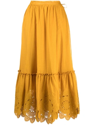 Zimmermann Embroidered Ruffle-trimmed Ramie Wrap Skirt In Yellow