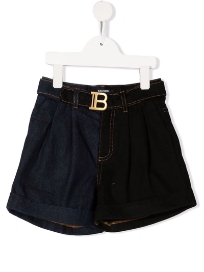 Balmain Kids Shorts In Blue And Black Denim With Monogram Buckle In Blue