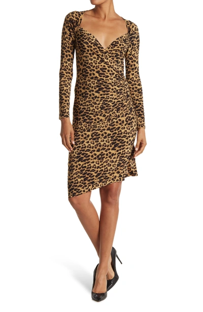 Shop Norma Kamali Leopard Print Long Sleeve Ruched Midi Dress In Golden Leopard