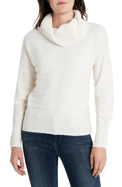 Shop Vince Camuto Texture Stripe Cotton Blend Cowl Neck Sweater In Antiq White