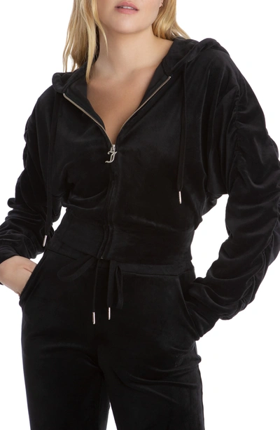 Shop Juicy Couture Velour Ruched Sleeve Crop Hoodie In Black