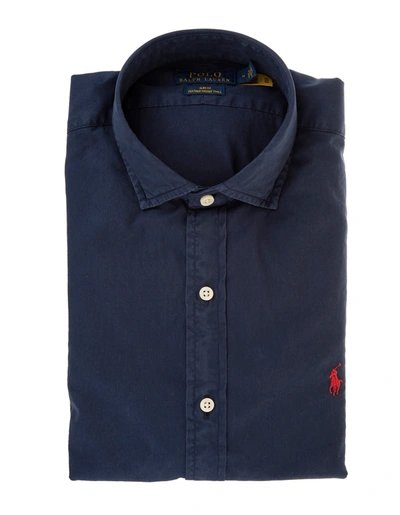 Shop Ralph Lauren Man Night Blue Slim Fit Shirt In Ultralight Cotton With Red Pony In Navy