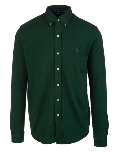 Shop Ralph Lauren Man Forest Green Slim Fit Shirt In Ultralight Cotton Pique With Blue Pony