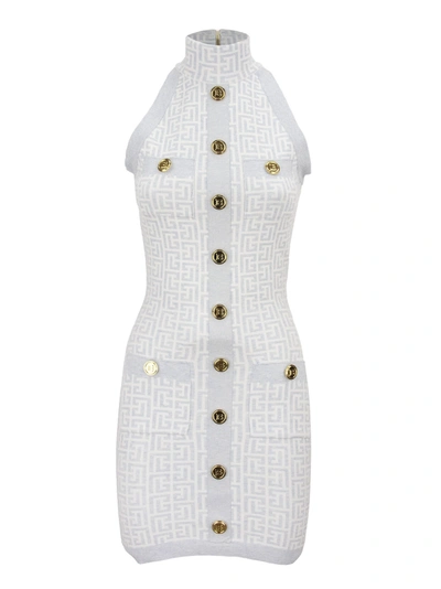 Shop Balmain Knitted Dress With Gold Buttons In White/pale Blue