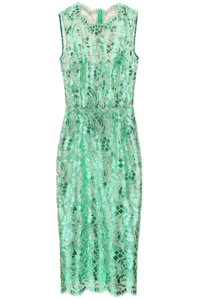 Shop Dolce & Gabbana Knee-lenght Dress With Laminated Lace In Verde Intenso (green)