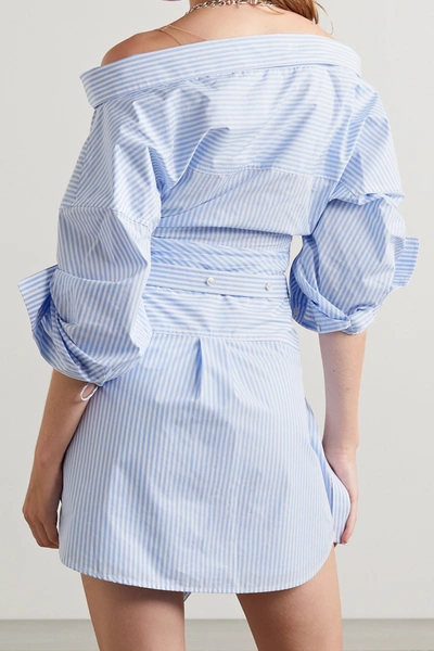 Shop Alexander Wang Cold-shoulder Mesh-trimmed Striped Cotton-blend Poplin Mini Shirt Dress In Blue