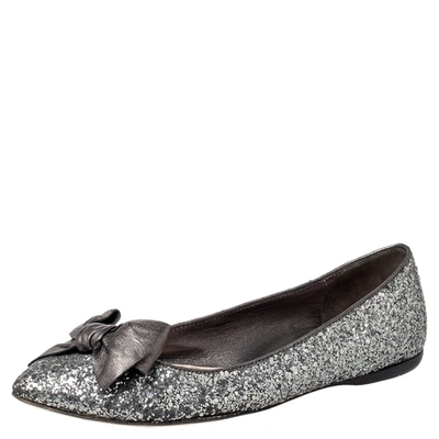 Pre-owned Miu Miu Metallic Grey Glitter Bow Ballet Flats Size 37