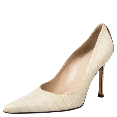 Pre-owned Versace Beige Croc Embossed Leather Pointed Toe Pumps Size 36