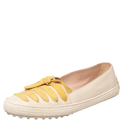 Pre-owned Tod's Beige/yellow Leather And Suede Bow Espadrille Flats Size 39.5