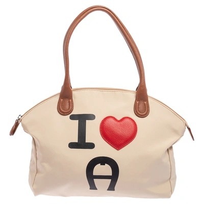 Pre-owned Aigner Beige Nylon "i Love A" Piccolina Tote | ModeSens