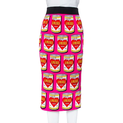 Pre-owned Dolce & Gabbana Pink Amore Printed Silk Pencil Skirt S