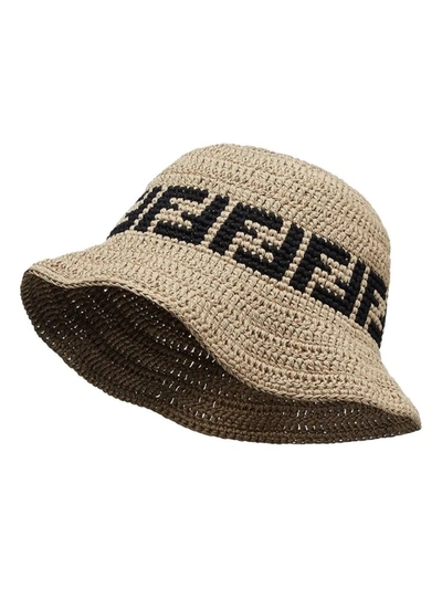 Shop Fendi Ff Crochet Hat Beige In Brown