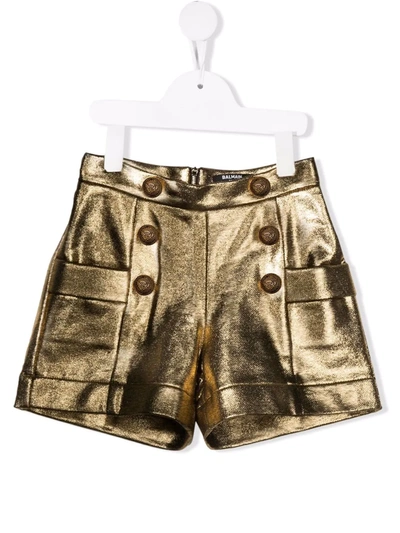 Shop Balmain Metallic Double-breasted Shorts In Gold