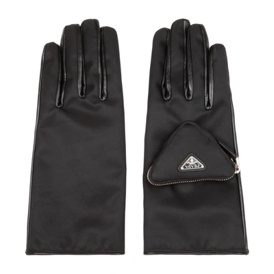 Prada Nylon And Leather Gloves In Black