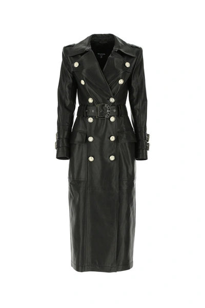 Shop Balmain Belted Leather Trench Coat In Black