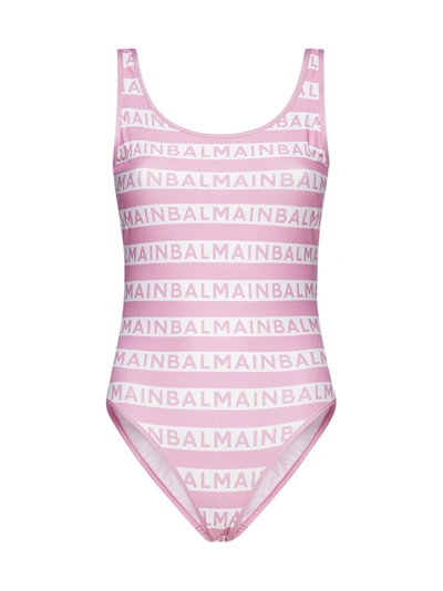 Shop Balmain Logo Print Striped One In Pink