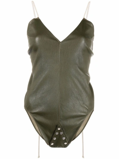Shop Rick Owens Green V-neck Leather Bodysuit