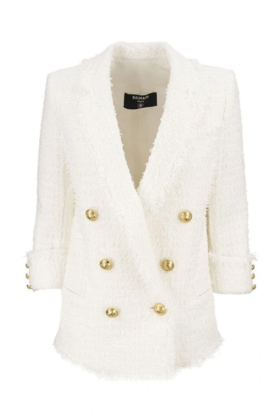 Shop Balmain Double-breasted Tweed Jacket In White