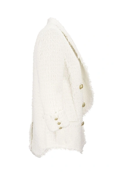 Shop Balmain Double-breasted Tweed Jacket In White
