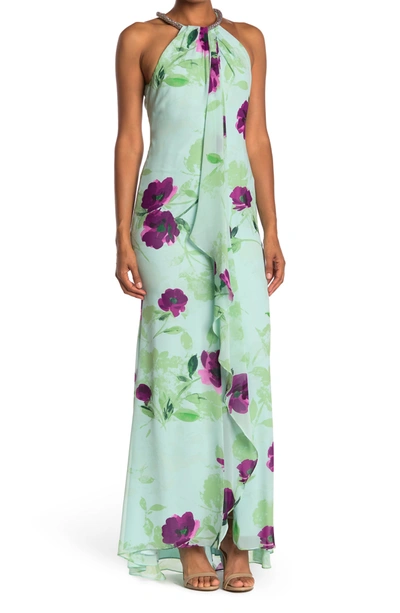 Calvin Klein Bling Embellished Halter Neck Floral Sleeveless Maxi Dress In  Seafoam Multi | ModeSens