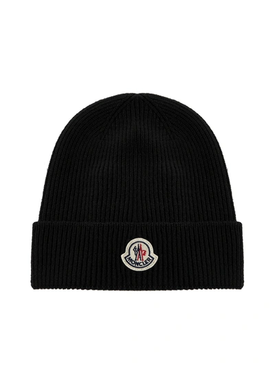 Shop Moncler Logo Patch Knitted Beanie In Black