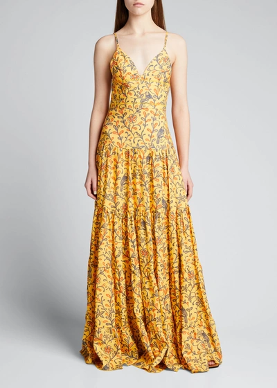 Shop Agua By Agua Bendita Narciso Tiered Linen Maxi Dress In Yellow