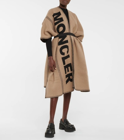 Shop Moncler Wool-blend Poncho In Beige