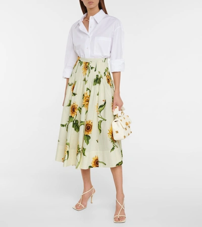 Shop Oscar De La Renta Floral Stretch-cotton Poplin Midi Skirt In White