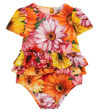Shop Dolce & Gabbana Baby Floral Cotton Poplin Bodysuit In Orange