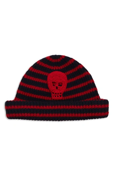 Shop Alexander Mcqueen Stripe Crochet Skull Wool Beanie In Navy/ Red