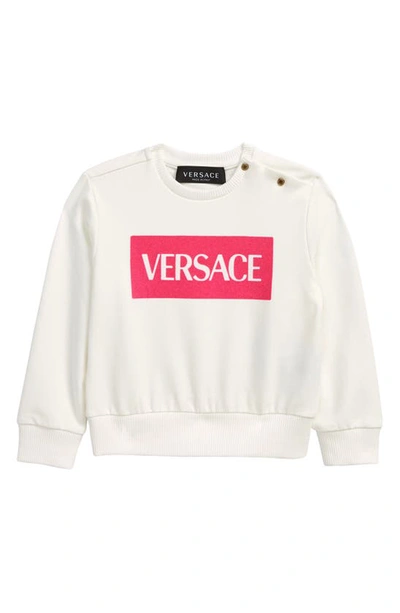 Shop Versace Flocked Logo Stretch Cotton Sweatshirt In White Fuxia