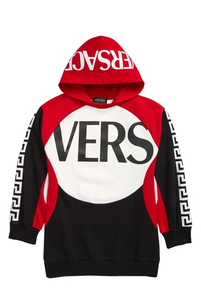 Shop Versace Kids' Logo Colorblock Cotton Hoodie In Red White Black