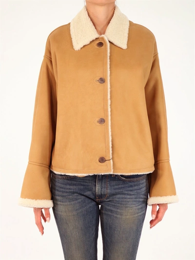 Shop Loewe Contrast Trim Shearling Jacket In Beige