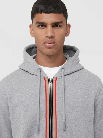 Shop Burberry Icon Stripe Detail Cotton Hooded Top In Pale Grey Melange