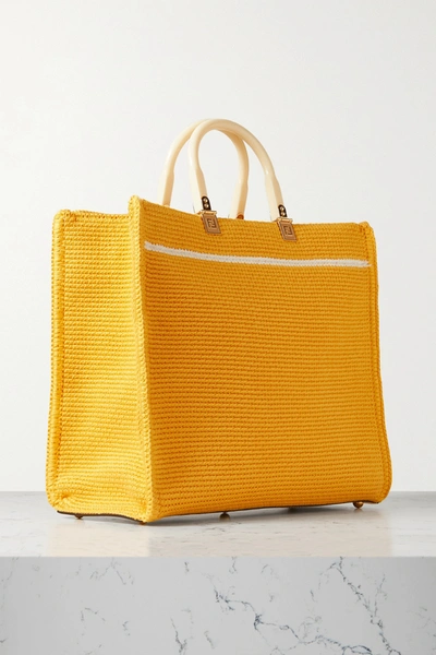 Shop Fendi Sunshine Shopper Leather-trimmed Crochet Tote In Yellow
