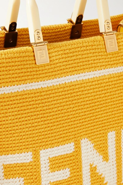 Shop Fendi Sunshine Shopper Leather-trimmed Crochet Tote In Yellow
